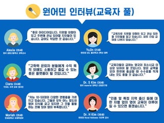 원어민 인터뷰(교육자 풀)
“좋은 아이디어입니다. 지원할 의향이
있고 주변에 관심 있어할 지인들이 있
습니다. 급여도 적당한 것 같습니다.”
“고학력 은퇴자 분들에게 수익 목
적 외에도 소통하고 즐길 수 있는
좋은 플랫폼이 될 것입니다.”
“저는 10~50대의 다양한 연령층을 가르
치고 있습니다. 그들은 모두 어느 정도의
영어 지식을 갖고 있지만 그 것을 활용
하는 것에 있어 많이 부족합니다.”
“인종 및 특정 지역 출신 등에 대
한 차별 없이 영어 교육이 이루어
질 수 있으면 좋겠습니다.”
“교육자들의 급여는 영국의 최소시급 이
상은 되어야 할 것입니다. 많은 금액을
모아 한번에 출금할 때 수수료를 적게
내는 것도 좋을 것 같습니다.”
“교육자로 지원할 의향이 있고 관심 있어
할 지인들을 알고 있습니다. 파트 타임 급
여로 나쁘지 않습니다.”
Alexia (26세)
영국 공립고등학교 과학교사
Ciara (24세)
TESOL 자격 보유 영국인
Moriah (26세)
연세대학교 국제학생부
Yujin (21세)
런던대 UCL 물리학과 2학년 재학
Dr. S Kim (30세)
영국 Imperial 대학교 선임연구원
Dr. H Kim (38세)
런던대 Royal Holloway 지리학 강사
 