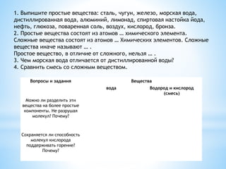 1. Выпишите простые вещества: сталь, чугун, железо, морская вода,
дистиллированная вода, алюминий, лимонад, спиртовая настойка йода,
нефть, глюкоза, поваренная соль, воздух, кислород, бронза.
2. Простые вещества состоят из атомов … химического элемента.
Сложные вещества состоят из атомов … Химических элементов. Сложные
вещества иначе называют … .
Простое вещество, в отличие от сложного, нельзя … .
3. Чем морская вода отличается от дистиллированной воды?
4. Сравнить смесь со сложным веществом.
Вопросы и задания Вещества
вода Водород и кислород
(смесь)
Можно ли разделить эти
вещества на более простые
компоненты. Не разрушая
молекул? Почему?
Сохраняется ли способность
молекул кислорода
поддерживать горение?
Почему?
 