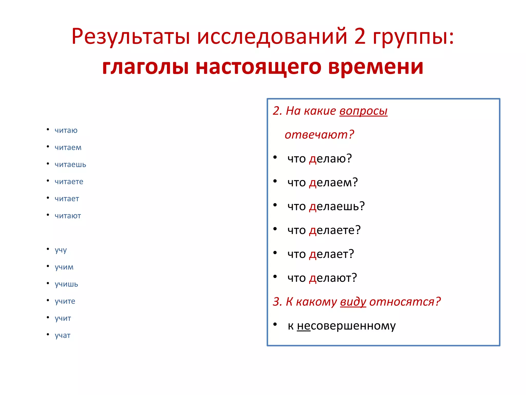 Результаты исследований 2 группы:
глаголы настоящего времени
• читаю
• читаем
• читаешь
• читаете
• читает
• читают
• учу
• учим
• учишь
• учите
• учит
• учат
2. На какие вопросы
отвечают?
• что делаю?
• что делаем?
• что делаешь?
• что делаете?
• что делает?
• что делают?
3. К какому виду относятся?
• к несовершенному
 