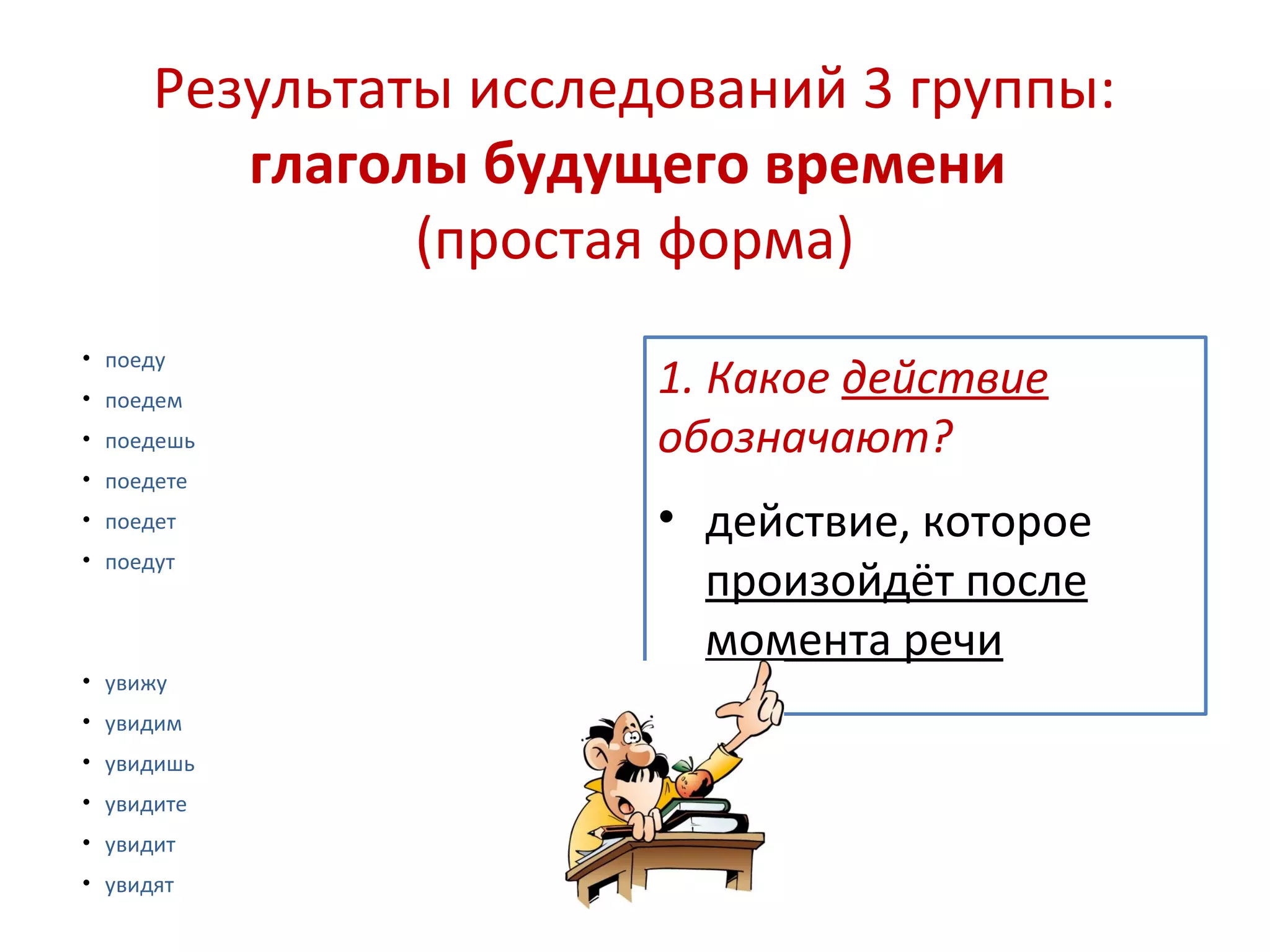 Результаты исследований 3 группы:
глаголы будущего времени
(простая форма)
• поеду
• поедем
• поедешь
• поедете
• поедет
• поедут
• увижу
• увидим
• увидишь
• увидите
• увидит
• увидят
1. Какое действие
обозначают?
• действие, которое
произойдёт после
момента речи
 