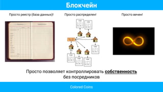 Блокчейн
Просто реестр (база данных)! Просто распределен!
Colored Coins
Просто позволяет контроллировать собственность
без посредников
Просто вечен!
 