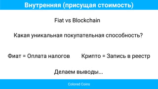 Внутренняя (присущая стоимость)
Colored Coins
Fiat vs Blockchain
Фиат = Оплата налогов Крипто = Запись в реестр
Какая уникальная покупательная способность?
Делаем выводы...
 