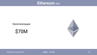 Cybernetic economy report 2014 7cyber • Fund
Капитализация
$70M
Кибер-экономика 2015 38
Ethereum ETH
 