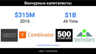 Венчурные капиталисты
cyber • Fund Russia
$1B
All Time
$315M
2015
CoinDesk Bitcoin Venture Investments
 