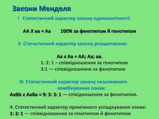 І Статистичний характер закону одноманітності:
АA X aa = AaАA X aa = Aa 100% за фенотипом й генотипом100% за фенотипом й генотипом
ІІ Статистичний характер закону розщеплення:
Aa x Aa = AA; Aa; aa.Aa x Aa = AA; Aa; aa.
1: 2: 1 – співвідношення за генотипом
3:1 — співвідношення за фенотипом
ІІІ Статистичний характер закону незалежного
комбінування ознак:
AaBb х AaBa = 9: 3: 3: 1AaBb х AaBa = 9: 3: 3: 1 — співідношення за фенотипом.
4. Статистичний характер проміжного успадкування ознак:
1: 2: 11: 2: 1 — співвідношення за генотипом й фенотипом
Закони МенделяЗакони Менделя
 