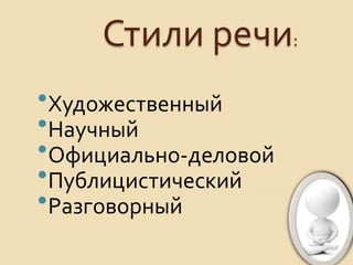 Стили речи:
Художественный
Научный
Официально-деловой
Публицистический
Разговорный
 