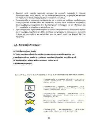 18
o Διενεργεί κατά καιρούς πρακτικές ασκήσεις σε εικονικές πυρκαγιές ή τεχνικώς
δημιουργούμενες εστίες φωτιάς, για την απόκτηση ετοιμότητας, ψυχραιμίας και εθισμού
του προσωπικού στο σωστό χειρισμό των πυροσβεστικών μέσων.
o Ενημερώνει όλο το προσωπικό του Ιδρύματος, για τα σημεία και τις θέσεις που βρίσκονται
τα πυροσβεστικά μέσα και υλικά και υπενθυμίζει σε αυτό ότι σε περίπτωση πυρκαγιάς ή
άλλου συμβάντος, υποχρεούται στην άμεση σήμανση συναγερμού και την ειδοποίηση της
Π.Υ., παράλληλα με τις ενέργειες κατάσβεσής της.
o Τηρεί υποχρεωτικά βιβλίο επιθεωρήσεων στο οποίο καταχωρούνται οι διαπιστούμενες από
αυτόν ελλείψεις, παραλείψεις ή άλλες συνθήκες που μπορούν να προκαλέσουν πυρκαγιές
ή δυσμενείς καταστάσεις και ενημερώνει για τον σκοπό αυτόν τον Αρχηγό Π.Α. του
Ιδρύματος.
2.6. Κατηγορίες Πυρκαγιών
Α: Στερεών καυσίμων υλικών
B: Υγρών καυσίμων υλικών ή στερεών που υγροποιούνται κατά την καύση του
C: Αερίων καυσίμων υλικών (π.χ. μεθάνιο, προπάνιο, υδρογόνο, ασετιλίνη, κ.α.).
D: Μετάλλων (π.χ. νάτριο, κάλιο, μαγνήσιο, τιτάνιο, κ.α.).
E: Ηλεκτρικές πυρκαγιές.
 