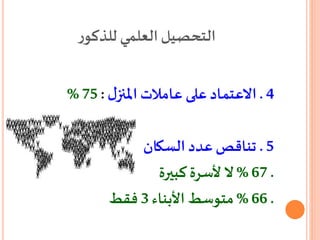 ‫ر‬‫للذكو‬ ‫العلمي‬‫التحصيل‬
4.‫ل‬‫املنز‬ ‫عامالت‬ ‫على‬‫االعتماد‬:75%
5.‫السكان‬ ‫عدد‬‫تناقص‬
.67%‫كبيرة‬‫ألسرة‬ ‫ال‬
‫فقط‬ 3 .66%‫األبناء‬ ‫متوسط‬
 
