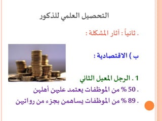 ‫ر‬‫للذكو‬ ‫العلمي‬‫التحصيل‬
.
ً
‫ثانيا‬:‫املشكلة‬ ‫آثار‬:
‫ب‬)‫االقتصادية‬:
1.‫الثاني‬ ‫املعيل‬‫الرجل‬
.50%‫أهلهن‬ ‫عليهن‬ ‫يعتمد‬‫املوظفات‬ ‫من‬
.89%‫اتبهن‬‫و‬‫ر‬ ‫من‬‫بجزء‬ ‫يساهمن‬‫املوظفات‬ ‫من‬
 