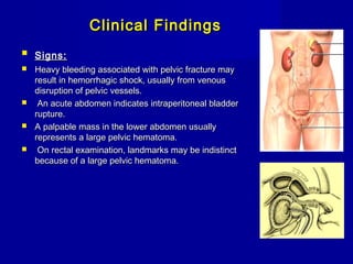 Clinical FindingsClinical Findings
 Signs:Signs:
 Heavy bleeding associated with pelvic fracture mayHeavy bleeding associated with pelvic fracture may
result in hemorrhagic shock, usually from venousresult in hemorrhagic shock, usually from venous
disruption of pelvic vessels.disruption of pelvic vessels.
 An acute abdomen indicates intraperitoneal bladderAn acute abdomen indicates intraperitoneal bladder
rupture.rupture.
 A palpable mass in the lower abdomen usuallyA palpable mass in the lower abdomen usually
represents a large pelvic hematoma.represents a large pelvic hematoma.
 On rectal examination, landmarks may be indistinctOn rectal examination, landmarks may be indistinct
because of a large pelvic hematoma.because of a large pelvic hematoma.
 