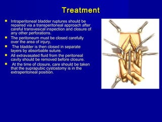 TreatmentTreatment
 Intraperitoneal bladder ruptures should beIntraperitoneal bladder ruptures should be
repaired via a transperitoneal approach afterrepaired via a transperitoneal approach after
careful transvesical inspection and closure ofcareful transvesical inspection and closure of
any other perforations.any other perforations.
 The peritoneum must be closed carefullyThe peritoneum must be closed carefully
over the area of injury.over the area of injury.
 The bladder is then closed in separateThe bladder is then closed in separate
layers by absorbable suture.layers by absorbable suture.
 All extravasated fluid from the peritonealAll extravasated fluid from the peritoneal
cavity should be removed before closure.cavity should be removed before closure.
 At the time of closure, care should be takenAt the time of closure, care should be taken
that the suprapubic cystostomy is in thethat the suprapubic cystostomy is in the
extraperitoneal position.extraperitoneal position.
 