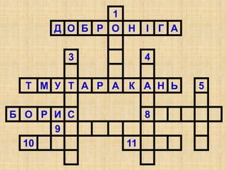 1
Д О Б Р О Н І Г А
3 4
Т М У Т А Р А К А Н Ь 5
Б О Р И С 8
9
10 11
 