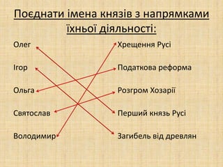 Поєднати імена князів з напрямками
їхньої діяльності:
Олег
Ігор
Ольга
Святослав
Володимир
Хрещення Русі
Податкова реформа
Розгром Хозарії
Перший князь Русі
Загибель від древлян
 