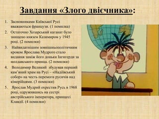 Завдання «Злого двієчника»:
1. Засновниками Київської Русі
вважаються французи. (1 помилка)
2. Остаточно Хозарський каганат було
знищено князем Казимиром у 1945
році. (2 помилки)
3. Найвидатнішим зовнішньополітичним
кроком Ярослава Мудрого стало
видання заміж його доньки Інгигерди за
молдавського принца. (2 помилки)
4. Володимир Великий збудував перший
кам’яний храм на Русі – «Надіївський
собор» на честь перемоги русичів над
кімерійцями. (3 помилки)
5. Ярослав Мудрий охрестив Русь в 1968
році, одружившись на сестрі
австрійського імператора, принцесі
Клавдії. (4 помилки)
 