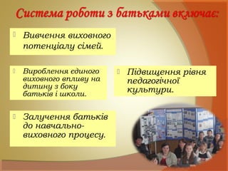  Вивчення виховного
потенціалу сімей.
 Підвищення рівня
педагогічної
культури.
 Залучення батьків
до навчально-
виховного процесу.
 Вироблення єдиного
виховного впливу на
дитину з боку
батьків і школи.
 