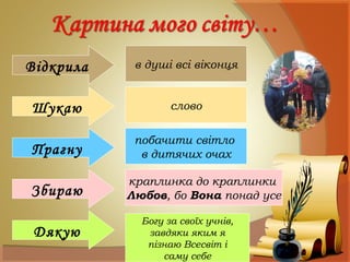 Відкрила в душі всі віконця
Шукаю слово
Прагну
побачити світло
в дитячих очах
Збираю
краплинка до краплинки
Любов, бо Вона понад усе
Дякую
Богу за своїх учнів,
завдяки яким я
пізнаю Всесвіт і
саму себе
 