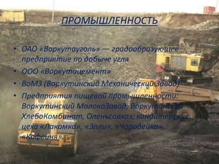 ПРОМЫШЛЕННОСТЬ
• ОАО «Воркутауголь» — градообразующее
предприятие по добыче угля
• ООО «Воркутацемент»
• ВоМЗ (Воркутинский Механический Завод)
• Предприятия пищевой промышленности:
Воркутинский МолокоЗавод, Воркутинский
ХлебоКомбинат, Оленьсовхоз; кондитерские
цеха «Лакомка», «Элли», «Чародейка»,
«Кофейня».
 