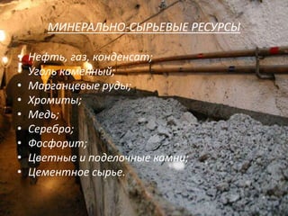 МИНЕРАЛЬНО-СЫРЬЕВЫЕ РЕСУРСЫ
• Нефть, газ, конденсат;
• Уголь каменный;
• Марганцевые руды;
• Хромиты;
• Медь;
• Серебро;
• Фосфорит;
• Цветные и поделочные камни;
• Цементное сырье.
 