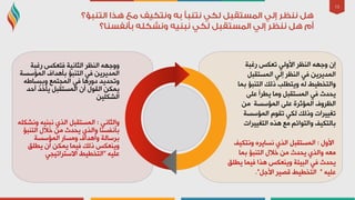 13
‫سغجخ‬ ‫رؼىظ‬ ٌٟٚ‫األ‬ ‫إٌظش‬ ٗٙ‫ٚع‬ ْ‫ئ‬
ً‫اٌّغزمج‬ ٌٟ‫ئ‬ ‫إٌظش‬ ٟ‫ف‬ ٓ٠‫اٌّذ٠ش‬
‫ثّب‬ ‫اٌزٕجإ‬ ‫رٌه‬ ‫ٚ٠زـٍت‬ ٌٗ ‫ٚاٌزخـ١ؾ‬
ٍٝ‫ػ‬ ‫٠ـشأ‬ ‫ِٚب‬ ً‫اٌّغزمج‬ ٟ‫ف‬ ‫٠ذذس‬
ِٓ ‫اٌّإعغخ‬ ٍٝ‫ػ‬ ‫اٌّإصشح‬ ‫اٌظشٚف‬
‫اٌّإعغخ‬ َٛ‫رم‬ ٟ‫ٌى‬ ‫ٚرٌه‬ ‫رغ١١شاد‬
‫ثبٌزى١ف‬ٖ‫٘ز‬ ‫ِغ‬ ُ‫ٚاٌزٛائ‬‫اٌزغ١١شاد‬
‫األٚي‬:‫ٚٔزى١ف‬ ٖ‫ٔغب٠ش‬ ٞ‫اٌز‬ ً‫اٌّغزمج‬
‫ثّب‬ ‫اٌزٕجإ‬ ‫خالي‬ ِٓ ‫٠ذذس‬ ٞ‫ٚاٌز‬ ٗ‫ِؼ‬
‫٠ـٍك‬ ‫ف١ّب‬ ‫٘زا‬ ‫ٚ٠ٕؼىظ‬ ‫اٌج١ئخ‬ ٟ‫ف‬ ‫٠ذذس‬
ٗ١ٍ‫ػ‬"ً‫األع‬ ‫لظ١ش‬ ‫اٌزخـ١ؾ‬."
‫سغجخ‬ ‫فزؼىظ‬ ‫اٌضبٔ١خ‬ ‫إٌظش‬ ٗٙ‫ٚٚع‬
‫اٌّإعغخ‬ ‫ثأ٘ذاف‬ ‫اٌزٕجإ‬ ٟ‫ف‬ ٓ٠‫اٌّذ٠ش‬
ٗ‫ٚثجغبؿ‬ ‫اٌّجزّغ‬ ٟ‫ف‬ ‫دٚس٘ب‬ ‫ٚرذذ٠ذ‬
‫أدذ‬ ‫٠أخز‬ ً‫اٌّغزمج‬ ْ‫أ‬ ‫اٌمٛي‬ ٓ‫٠ّى‬
ٓ١ٍ‫اٌشى‬
ٟٔ‫ٚاٌضب‬:ٍٗ‫ٚٔشى‬ ٗ١ٕ‫ٔج‬ ٞ‫اٌز‬ ً‫اٌّغزمج‬
‫اٌزٕجإ‬ ‫خالي‬ ِٓ ‫٠ذذس‬ ٞ‫ٚاٌز‬ ‫ثأٔفغٕب‬
‫اٌّإعغخ‬ ‫ِٚغبس‬ ‫ٚأ٘ذاف‬ ‫ثشعبٌخ‬
‫٠ـٍك‬ ْ‫أ‬ ٓ‫٠ّى‬ ‫ف١ّب‬ ‫رٌه‬ ‫ٚ٠ٕؼىظ‬
ٗ١ٍ‫ػ‬"ٟ‫االعزشار١ج‬ ‫اٌزخـ١ؾ‬
 