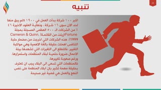 25
‫اوجش‬١٠٠ٟ‫ف‬ ًّ‫اٌؼ‬ ‫ثذأد‬ ‫ششوخ‬١٩٠٠s‫ِٕٙب‬ ‫٠جك‬ ٌُ
ٜٛ‫ع‬ ْ‫اال‬ ‫ٌذذ‬١٦‫االخ١شح‬ ‫اٌؼمٛد‬ ‫ٚٔٙب٠ـخ‬ ، ‫شـشوخ‬٤٦
%‫اٌـ‬ ‫اٌششوبد‬ ِٓ٥٠٠‫ثّجٍخ‬ ‫اٌّغجٍخ‬ ّٝ‫اٌؼظ‬
Fortune‫اٌمبئّـخ‬ ِٓ ‫اص٠ٍذ‬(Cameron & Quinn,
1999.)‫دٍجخ‬ ‫ِؼّبس‬ ِٓ ‫اخشعذ‬ ٟ‫اٌز‬ ‫اٌششوبد‬ ٖ‫٘ز‬
‫ِٛاوجخ‬ ٟ٘ٚ ‫االّ٘١خ‬ ‫ثبٌغخ‬ ‫دم١مخ‬ ‫اٍّ٘ذ‬ ‫اٌزٕبفظ‬
‫اٌزغ١١ش‬.‫ث١ئخ‬ ‫رشٙذ٘ب‬ ٟ‫اٌز‬ ‫اٌزغ١شاد‬ ٌٝ‫ا‬ ‫فبٌزـٍغ‬
‫ٚاعزّشاس٘ب‬ ‫إٌّظّبد‬ ‫ٌجمبء‬ ‫دزّ١ـخ‬ ‫ػشٚسح‬ ‫االػّبي‬.
،‫رغ١١ش٘ب‬ ‫طؼٛثخ‬ ُ‫ٚسغ‬
‫رؼزشف‬ ْ‫ا‬ ‫٠جت‬ ‫اٌجمبء‬ ٌٝ‫ا‬ ٝ‫رغؼ‬ ٟ‫اٌز‬ ‫فبٌّٕظّبد‬
‫ٔفظ‬ ٍٝ‫ػ‬ ‫إٌّظّخ‬ ‫اثمبء‬ ْ‫ثب‬ ‫رش١ش‬ ‫ِّٙخ‬ ‫ثذم١مخ‬
‫طذ١ذخ‬ ‫غ١ش‬ ‫لؼ١خ‬ ٟ٘ ًّ‫ٚاٌؼ‬ ‫إٌٙظ‬
 