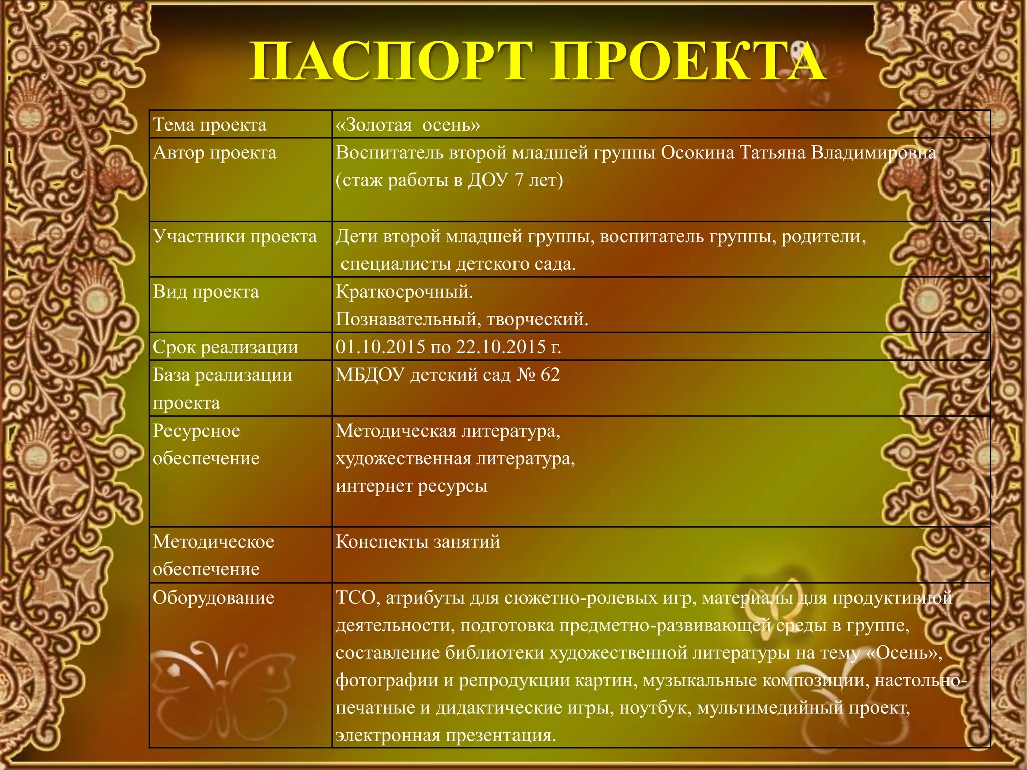 ПАСПОРТ ПРОЕКТА
Тема проекта «Золотая осень»
Автор проекта Воспитатель второй младшей группы Осокина Татьяна Владимировна
(стаж работы в ДОУ 7 лет)
Участники проекта Дети второй младшей группы, воспитатель группы, родители,
специалисты детского сада.
Вид проекта Краткосрочный.
Познавательный, творческий.
Срок реализации 01.10.2015 по 22.10.2015 г.
База реализации
проекта
МБДОУ детский сад № 62
Ресурсное
обеспечение
Методическая литература,
художественная литература,
интернет ресурсы
Методическое
обеспечение
Конспекты занятий
Оборудование ТСО, атрибуты для сюжетно-ролевых игр, материалы для продуктивной
деятельности, подготовка предметно-развивающей среды в группе,
составление библиотеки художественной литературы на тему «Осень»,
фотографии и репродукции картин, музыкальные композиции, настольно-
печатные и дидактические игры, ноутбук, мультимедийный проект,
электронная презентация.
 