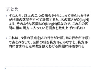 まとめ
 すなわち、以上の二つの場合分けによって得られる行き
がけ順の区間をすべて計算すると、木の高さがO(logN)
より、そのような区間はO(NlogN)個なので、これらの区
間の組の両方に入っている頂点を数え上げればよい
 これは、N個の頂点を(Aの行きがけ順、Bの行きがけ順）
で点とみなして、区間の組を長方形とみなすと、長方形
内に含まれる点の数を数えあげる問題に帰着される
 
