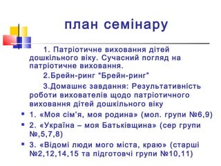 план семінару
1. Патріотичне виховання дітей
дошкільного віку. Сучасний погляд на
патріотичне виховання.
2.Брейн-ринг “Брейн-ринг”
3.Домашнє завдання: Результативність
роботи вихователів щодо патріотичного
виховання дітей дошкільного віку
 1. «Моя сім’я, моя родина» (мол. групи №6,9)
 2. «Україна – моя Батьківщина» (сер групи
№,5,7,8)
 3. «Відомі люди мого міста, краю» (старші
№2,12,14,15 та підготовчі групи №10,11)
 