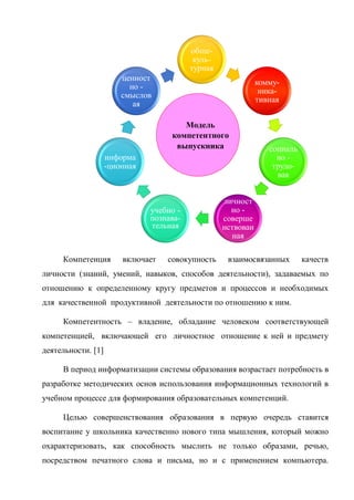 Компетенция включает совокупность взаимосвязанных качеств
личности (знаний, умений, навыков, способов деятельности), задаваемых по
отношению к определенному кругу предметов и процессов и необходимых
для качественной продуктивной деятельности по отношению к ним.
Компетентность – владение, обладание человеком соответствующей
компетенцией, включающей его личностное отношение к ней и предмету
деятельности. [1]
В период информатизации системы образования возрастает потребность в
разработке методических основ использования информационных технологий в
учебном процессе для формирования образовательных компетенций.
Целью совершенствования образования в первую очередь ставится
воспитание у школьника качественно нового типа мышления, который можно
охарактеризовать, как способность мыслить не только образами, речью,
посредством печатного слова и письма, но и с применением компьютера.
обще-
куль-
турная
комму-
ника-
тивная
социаль
но -
трудо-
вая
личност
но -
соверше
нствован
ная
учебно -
познава-
тельная
информа
-ционная
ценност
но -
смыслов
ая
Модель
компетентного
выпускника
 