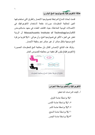 6
‫عالقة‬‫االنفوجرافيك‬‫بفسيولوجيا‬‫المخ‬‫البشري‬:
‫قدمت‬‫أبحاث‬‫الدماغ‬‫المرتبطة‬‫بفسيولوجيا‬‫االبصار‬‫والطرق‬‫التي‬‫نستخ‬‫دم‬‫فيها‬
‫العين‬‫لمعالجة‬‫المعلومات‬‫مبررات‬‫مقنعة‬‫الستخدام‬‫االنفوجرافيك‬‫في‬
‫االتصاالت‬‫اليومية‬،‫المتداخلة‬‫حيث‬‫اكتشف‬‫العلماء‬‫في‬‫معهد‬‫ماساتشوستس‬
‫للتكنولوجيا‬Massachusetts Institute of Technology‫أن‬‫الرؤية‬
‫تعتبر‬‫هي‬‫الجزء‬‫األكبر‬‫في‬‫فسيولوجيا‬،‫المخ‬‫وأن‬‫حوالي‬50%‫تقريبا‬‫من‬‫قوة‬
‫المخ‬‫موجهة‬‫بشكل‬‫مباشر‬‫أو‬‫غير‬‫مباشر‬‫نحو‬‫وظيفة‬‫األبصار‬.
‫وتؤكد‬‫هذه‬‫النتائج‬‫اإلحساس‬‫القائل‬‫بأن‬‫معالجة‬‫المخ‬‫للمعلومات‬‫المصورة‬
(‫االنفوجرافيك‬)‫يكون‬‫أقل‬‫تعقيدا‬‫من‬‫معالجته‬‫للنصوص‬‫الخام‬.
‫االنفوجرافيك‬‫بواسطة‬ ‫والتعليم‬‫الحواس‬:
‫أ‬‫ـ‬‫أثبتت‬‫الدراسات‬‫أننا‬:‫نتعلم‬
1%‫بواسطة‬‫حاسة‬.‫الذوق‬
1.5%‫بواسطة‬‫حاسة‬.‫اللمس‬
3.5%‫بواسطة‬‫حاسة‬.‫الشم‬
11%‫بواسطة‬‫حاسة‬.‫السمع‬
83%‫بواسطة‬‫حاسة‬‫البصر‬.
(‫شكل‬5‫ومعالجته‬ ‫الدماغ‬ ‫استقبال‬ ‫طريقة‬ :)‫للمعلومات‬
 