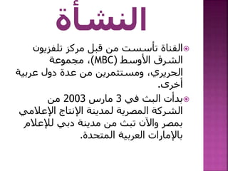 ‫تلفزيون‬ ‫مركز‬ ‫قبل‬ ‫من‬ ‫تأسست‬ ‫القناة‬
‫األوسط‬ ‫الشرق‬(MBC)‫مجموعة‬ ،
‫عربي‬ ‫دول‬ ‫عدة‬ ‫من‬ ‫ومستثمرين‬ ،‫الحريري‬‫ة‬
‫أخرى‬.
‫في‬ ‫البث‬ ‫بدأت‬3‫مارس‬2003‫من‬
‫اإلعال‬ ‫اإلنتاج‬ ‫لمدينة‬ ‫المصرية‬ ‫الشركة‬‫مي‬
‫لإلعال‬ ‫دبي‬ ‫مدينة‬ ‫من‬ ‫تبث‬ ‫واآلن‬ ‫بمصر‬‫م‬
‫المتحدة‬ ‫العربية‬ ‫باإلمارات‬.
 