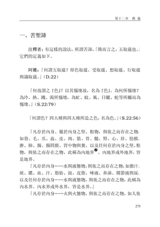 第十二章 教 義
275
一、苦聖諦
注釋者：有這樣的說法，所謂苦諦，「簡而言之，五取蘊也。」
它們的定義如下。
阿難：「何謂五取蘊？即色取蘊、受取蘊、想取蘊、行取蘊
與識取蘊。」（D.22）
「何故謂之『色』？以其惱壞故，名為『色』。為何所惱壞？
為冷、熱、饑、渴所惱壞，為虻、蚊、風、日曬、蛇等所觸而為
惱壞。」（S.22:79）
「何謂色？四大種與四大種所造之色，名為色。」（S.22:56）
「凡存於內身、屬於內身之堅、粗物，與依之而存在之物，
如發、毛、爪、齒、皮、肉、筋、骨、髓、腎、心、肝、肋膜、
脾、肺、腸、腸間膜、胃中物與糞，以及任何存於內身之堅、粗
物，與依之而存在之物，此稱為內地界
�
。內地界或外地界，皆
是地界。
「凡存於內身……水與液態物，與依之而存在之物，如膽汁、
痰、膿、血、汗、脂肪、淚、皮脂、唾液、鼻涕、關節液與尿，
以及任何存於內身……水與液態物，與依之而存在之物，此稱為
內水界。內水界或外水界，皆是水界。」
「凡存於內身……火與火態物，與依之而存在之物，如人依
 