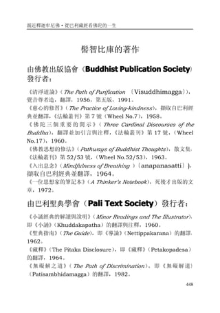 親近釋迦牟尼佛·從巴利藏經看佛陀的一生
448
髻智比庫的著作
由佛教出版協會（BuddhistBuddhistBuddhistBuddhist PublicationPublicationPublicationPublication SocietySocietySocietySociety）
發行者：
《清淨道論》（The Path of Purification 〔Visuddhimagga〕），
覺音尊者造，翻譯，1956，第五版，1991。
《慈心的修習》（The Practice of Loving-kindness），擷取自巴利經
典並翻譯，《法輪叢刊》第 7 號（Wheel No.7），1958。
《 佛 陀 三 個 重 要 的 開 示 》（ Three Cardinal Discourses of the
Buddha），翻譯並加引言與注釋，《法輪叢刊》第 17 號，（Wheel
No.17），1960。
《佛教思想的修法》（Pathways of Buddhist Thoughts），散文集，
《法輪叢刊》第 52/53 號，（Wheel No.52/53），1963。
《入出息念》（Mindfulness of Breathing ）〔anapanasatti〕)，
擷取自巴利經典並翻譯，1964。
《一位思想家的筆記本》（A Thinker’s Notebook），死後才出版的文
章，1972。
由巴利聖典學會（PaliPaliPaliPali TextTextTextText SocietySocietySocietySociety）發行者：
《小誦經典的解讀與說明》（Minor Readings and The Illustrator），
即《小誦》（Khuddakapatha）的翻譯與注釋，1960。
《聖典指南》（The Guide），即《導論》（Nettippakarana）的翻譯，
1962。
《藏釋》（The Pitaka Disclosure），即《藏釋》（Petakopadesa）
的翻譯，1964。
《無礙解之道》（The Path of Discrimination），即《無礙解道》
（Patisambhidamagga）的翻譯，1982。
 