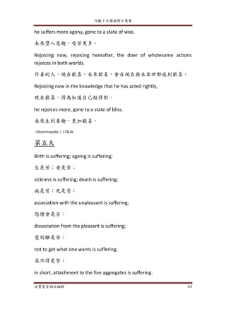 內觀十日課程開示集要
法寶影音網站編輯 63
he suffers more agony, gone to a state of woe.
未來墮入惡趣，受苦更多。
Rejoicing now, rejoicing hereafter, the doer of wholesome actions
rejoices in both worlds.
作善的人，現在歡喜，未來歡喜，會在現在與未來世都感到歡喜。
Rejoicing now in the knowledge that he has acted rightly,
現在歡喜，因為知道自己做得對，
he rejoices more, gone to a state of bliss.
未來生到善趣，更加歡喜。
--Dhammapada, I. 17&18.
第五天
Birth is suffering; ageing is suffering;
生是苦；老是苦；
sickness is suffering; death is suffering;
病是苦；死是苦；
association with the unpleasant is suffering;
怨憎會是苦；
dissociation from the pleasant is suffering;
愛別離是苦；
not to get what one wants is suffering;
求不得是苦；
in short, attachment to the five aggregates is suffering.
 