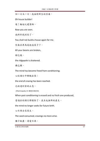 內觀十日課程開示集要
法寶影音網站編輯 67
但一次又一次，我面對新生的苦痛，
Oh house builder!
喔！輪迴之建築師，
Now you are seen.
我終於找到你了，
You shall not build a house again for me.
你無法再為我起造屋子了。
All your beams are broken,
樑已毀，
the ridgepole is shattered.
棟已摧，
The mind has become freed from conditioning;
心從諸行中解脫出來；
the end of craving has been reached.
已經達到貪的止息。
--Dhammapada, XI. 8&9(153&154).
When past conditioning is erased and no fresh one produced,
當過去的諸行都根除了，並且也無新的產生，
the mind no longer seeks for future birth.
心不再企求來生。
The seed consumed, cravings no more arise.
種子耗盡，渴愛不再。
 