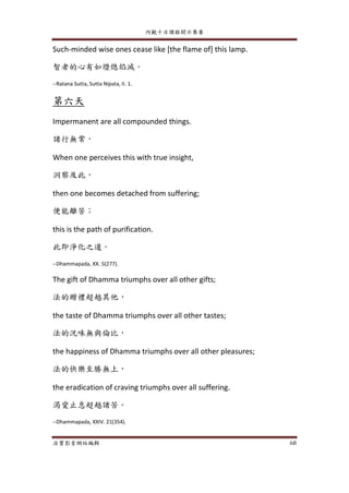 內觀十日課程開示集要
法寶影音網站編輯 68
Such-minded wise ones cease like [the flame of] this lamp.
智者的心有如燈熄焰滅。
--Ratana Sutta, Sutta Nipata, II. 1.
第六天
Impermanent are all compounded things.
諸行無常，
When one perceives this with true insight,
洞察及此，
then one becomes detached from suffering;
便能離苦；
this is the path of purification.
此即淨化之道。
--Dhammapada, XX. 5(277).
The gift of Dhamma triumphs over all other gifts;
法的贈禮超越其他，
the taste of Dhamma triumphs over all other tastes;
法的況味無與倫比，
the happiness of Dhamma triumphs over all other pleasures;
法的快樂至勝無上，
the eradication of craving triumphs over all suffering.
渴愛止息超越諸苦。
--Dhammapada, XXIV. 21(354).
 