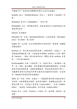 內觀十日課程開示集要
法寶影音網站編輯 90
可稱為沙門。但其他非追隨佛陀的修行人也可以此稱之。
Samatha 寂止。Samatha-bhavana（修止），與修定（samadhi）同
義。
Sampajana 有正知（sampajabba），參見下條。
Sampajabba 正知，時時徹知無常，在感受的層次上洞見整個身心現
象無常的本質 。
Samsara 生死輪迴。
Samudaya 集，生起。Samudaya-dhamma，生起的現象。Samudaya-
sacca，苦之集諦，第二聖諦。
Savgha 僧。比丘僧、比丘尼僧是佛法中的出家眾。賢聖僧，指體證
涅槃的僧眾。
Savkhara 行，指心理方面的習性反應，心理的制約。五蘊之一，也
是緣起因果鏈的第二環。日後會產生果報的 savkhara（行為）稱作
業（kamma），因此一個人的未來如何，實際上是由 savkhara 負責
的。（梵文為 sajskara）。
Savkharupekkha 行捨。行捨是對「行」保持平等心，為內觀之一境
界，是「消融」後之體驗。原本潛藏於潛意識的隨眠煩惱，在消融
後會浮現到意識表層，並顯為身體感受，對這些感受保持平等心，
內觀禪修者便不會再造作新業而舊有的行蘊便得以根除。如此修
習，漸能將所有舊的習性反應根除。
Sabba 想，判別，辨別。五蘊之一。想蘊通常受到個人過去的業行
所制約，而對事實產生錯覺。在修習內觀時，想蘊轉化成智慧，對
實相如實了知。它變成了無常想（anicca-sabba），苦想（dukkha-
sabba），無我想（anatta-sabba）及不淨想（asubha-sabba）。
Sarana 依止，庇護。Ti-sarana（三皈依）即：皈依佛、皈依法、皈
依僧。
 