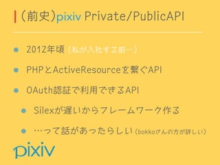 2012年頃 (私が入社する前…)
PHPとActiveResourceを繋ぐAPI
OAuth認証で利用できるAPI
Silexが遅いからフレームワーク作る
…って話があったらしい (bokkoさんの方が詳しい)
(前史)pixiv Private/PublicAPI
 