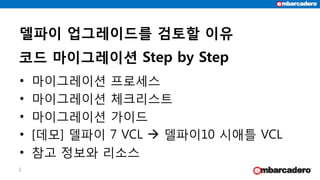코드 마이그레이션 Step by Step
• 마이그레이션 프로세스
• 마이그레이션 체크리스트
• 마이그레이션 가이드
• [데모] 델파이 7 VCL  델파이10 시애틀 VCL
• 참고 정보와 리소스
2
델파이 업그레이드를 검토할 이유
 
