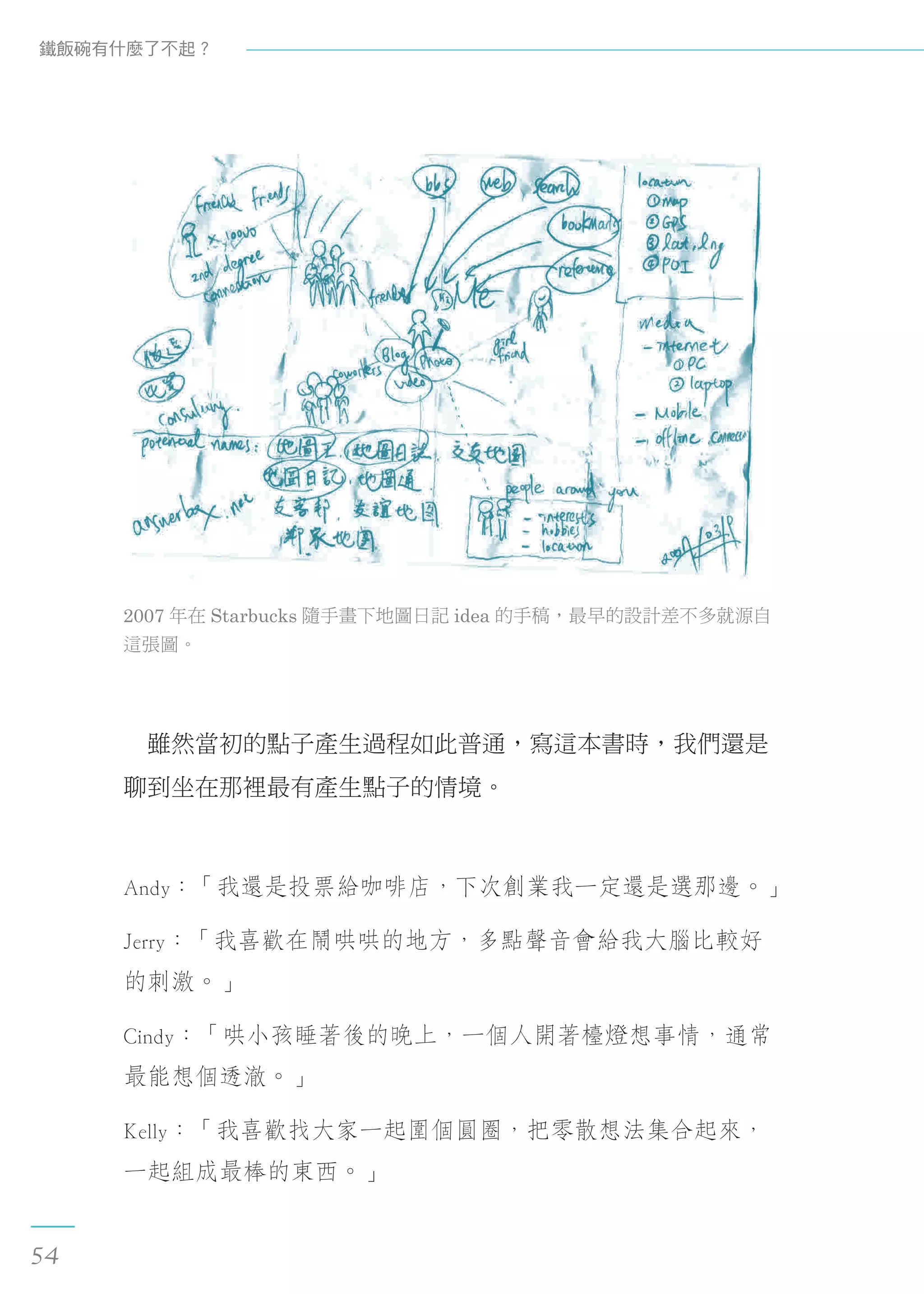 2007 年在 Starbucks 隨手畫下地圖日記 idea 的手稿，最早的設計差不多就源自
這張圖。
　雖然當初的點子產生過程如此普通，寫這本書時，我們還是
聊到坐在那裡最有產生點子的情境。
Andy：「我還是投票給咖啡店，下次創業我一定還是選那邊。」
Jerry：「我喜歡在鬧哄哄的地方，多點聲音會給我大腦比較好
的刺激。」
Cindy：「哄小孩睡著後的晚上，一個人開著檯燈想事情，通常
最能想個透澈。」
Kelly：「我喜歡找大家一起圍個圓圈，把零散想法集合起來，
一起組成最棒的東西。」
鐵飯碗有什麼了不起？
54
 