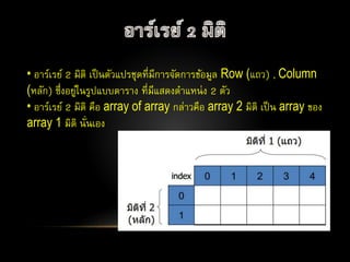 • อาร์เรย์ 2 มิติ เป็นตัวแปรชุดที่มีการจัดการข้อมูล Row (แถว) , Column
(หลัก) ซึ่งอยู่ในรูปแบบตาราง ที่มีแสดงตาแหน่ง 2 ตัว
• อาร์เรย์ 2 มิติ คือ array of array กล่าวคือ array 2 มิติ เป็น array ของ
array 1 มิติ นั่นเอง
 