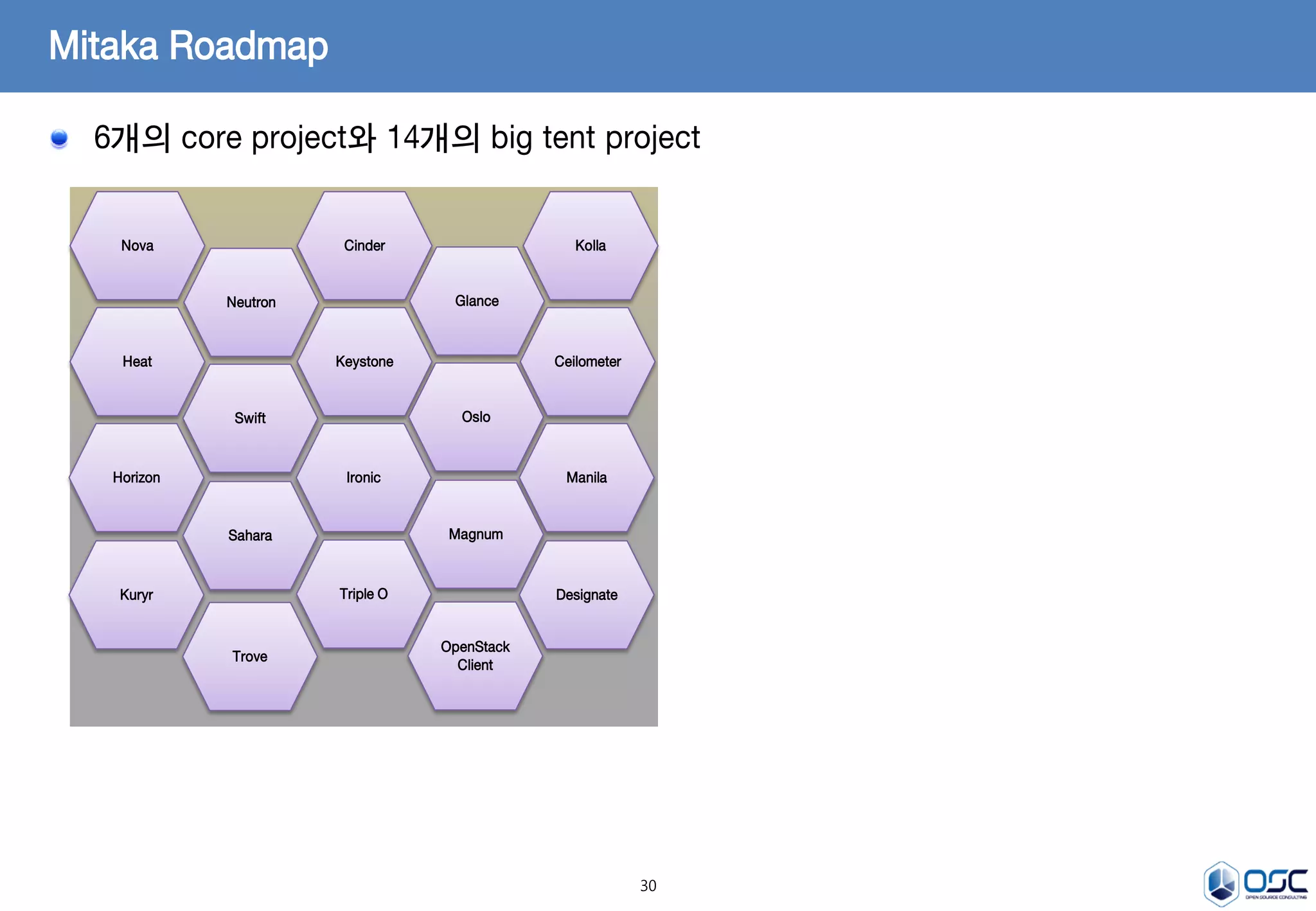 30
6개의 core project와 14개의 big tent project
Mitaka Roadmap
Nova
Neutron
Cinder
Glance
Kolla
Heat Keystone Ceilometer
Swift Oslo
Horizon Ironic Manila
Sahara Magnum
Kuryr DesignateTriple O
Trove
OpenStack
Client
 