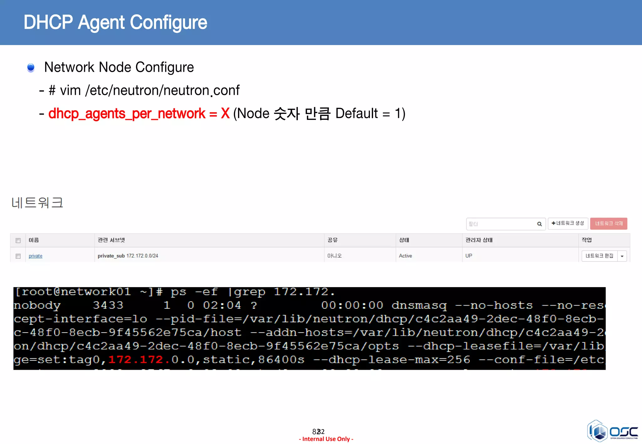 8282
- Internal Use Only -
DHCP Agent Configure
Network Node Configure
- # vim /etc/neutron/neutron.conf
- dhcp_agents_per_network = X (Node 숫자 만큼 Default = 1)
 