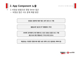 2 비정상 방법으로 연동 S 접근
2. App Component 노출 안드로이드 앱 개발 보안 팁
• 2. 비정상 방법으로 연동 Server 접근
– 비정상 접근 시도 문제 해결 방안
인증과 권한에 대한 체크 로직 반드시 구현
불필요한 접근은 IP 레벨에서 차단
서버측 인터페이스에 대해서도 모든 유효성 검증 코드 구현
(웹 프로그램 개발보안 가이드라인 준수)(웹 프로그램 개발보안 가이드라인 준수)
제공되는 다양한 컨텐츠에 대한 보호 대책 고민 (암호화, DRM 등)제 되 다 에 대 대책 화 등
 