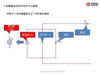 7Copyright (C) Bee Technologies 2013
日射データの過渡的なデータがある場合
Rs
Rsh
電流源 IDC ダイオード 抵抗
抵抗
I1
電流源
IPWL
1.太陽電池のSPICEモデル解説
 