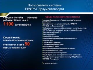 Сегодня система успешно
работает более чем в
1100 организациях
Каждый месяц
пользователями системы
становится около 50
новых организаций
Среди пользователей системы
Пользователи системы
ЕВФРАТ-Документооборот
Аппарат Президента и Правительства Чеченской
республики
Департамент консульской службы МИД РФ
ТФОМС по Тюменской обл.
Хабаровское отделение Дальневосточного тамож. упр.
МУП «Расчетно-кассовый центр г. Новосибирска»
Центральный банк РФ
Центросоюз РФ
ОАО «РГС-Столица»
ОАО «Северо-Кавказcкая железная дорога»
Курская АЭС
ЗАО «Дикая Орхидея»
ЗАО «Юниверсал-Мьюзик»
ОАО «ДЕКРА-Групп»
ОАО «Ижевский подшипниковый завод»
ОАО «Лебединский ГОК»
ОАО «Центрсибнефтепровод»
ОАО «Уральский электрохимический комбинат»
Челябинский юридический институт МВД России
МГИМО-Университет
и многие другие…
 