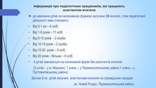 Інформація про педагогічних працівників, які працюють
асистентом вчителя
 до навчання дітей за інклюзивною формою залучено 33 вчителі, стаж педагогічної
діяльності яких становить:
• Від 0-1 рік – 6 осіб;
• Від 1-5 років – 11 осіб;
• Від 5-10 років - 2 особи;
• Від 10-15 років – 2 особи;
• Від 15-20 років – 6 осіб;
• Від 20 років і більше – 6 осіб.
• 4 дітей навчаються на інклюзивній формі без асистентів вчителя
(2 учнів - у м. Моршині, 1 учень – у Перемишлянському районі,1 учень – у
Пустомитівському районі)
Батьки 2-ох дітей залучені асистентами вчителя на громадських засадах
(м. Новий Розділ, Перемишлянський район)
 