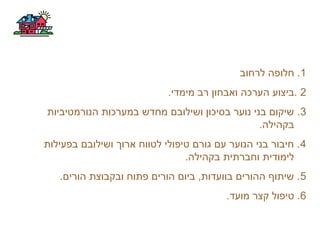 1‫לרחוב‬ ‫חלופה‬ .
2.‫מימדי‬ ‫רב‬ ‫ואבחון‬ ‫הערכה‬ ‫.ביצוע‬
3‫הנורמטיביות‬ ‫במערכות‬ ‫מחדש‬ ‫ושילובם‬ ‫בסיכון‬ ‫נוער‬ ‫בני‬ ‫שיקום‬ .
.‫בקהילה‬
4‫בפעילות‬ ‫ושילובם‬ ‫ארוך‬ ‫לטווח‬ ‫טיפולי‬ ‫גורם‬ ‫עם‬ ‫הנוער‬ ‫בני‬ ‫חיבור‬ .
.‫בקהילה‬ ‫וחברתית‬ ‫לימודית‬
5.‫הורים‬ ‫ובקבוצת‬ ‫פתוח‬ ‫הורים‬ ‫ביום‬ ,‫בוועדות‬ ‫ההורים‬ ‫שיתוף‬ .
6.‫מועד‬ ‫קצר‬ ‫טיפול‬ .
 