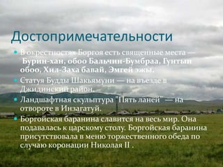 Достопримечательности
 В окрестностях Боргоя есть священные места —
Бурин-хан, обоо Бальчин-Бумбраа, Гунтын
обоо, Хил-Заха бавай, Эмгей эжы.
 Статуя Будды Шакьямуни — на въезде в
Джидинский район.
 Ландшафтная скульптура "Пять ланей" — на
отвороте в Инзагатуй.
 Боргойская баранина славится на весь мир. Она
подавалась к царскому столу. Боргойская баранина
присутствовала в меню торжественного обеда по
случаю коронации Николая II .
 