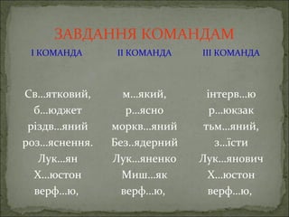 ЗАВДАННЯ КОМАНДАМ
І КОМАНДА ІІ КОМАНДА ІІІ КОМАНДА
Св…ятковий,
б…юджет
різдв…яний
роз…яснення.
Лук…ян
Х…юстон
верф…ю,
м…який,
р…ясно
моркв…яний
Без..ядерний
Лук…яненко
Миш…як
верф…ю,
інтерв…ю
р…юкзак
тьм…яний,
з…їсти
Лук…янович
Х…юстон
верф…ю,
 