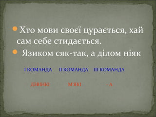 Хто мови своєї цурається, хай
сам себе стидається.
 Язиком сяк-так, а ділом ніяк
І КОМАНДА ІІ КОМАНДА ІІІ КОМАНДА
ДЗВІНКІ М’ЯКІ - А
 